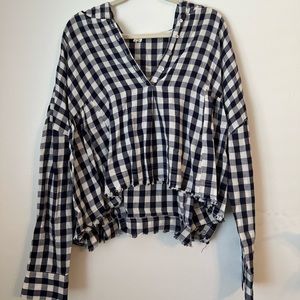 Grade & Gather blue/white checkered long sleeve hooded flannel blouse | size S